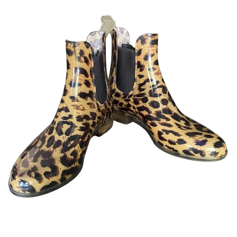 J.Crew Leopard Print Womens 8 Chelsea Ankle Rain Booties‎ Animal Print Glossy